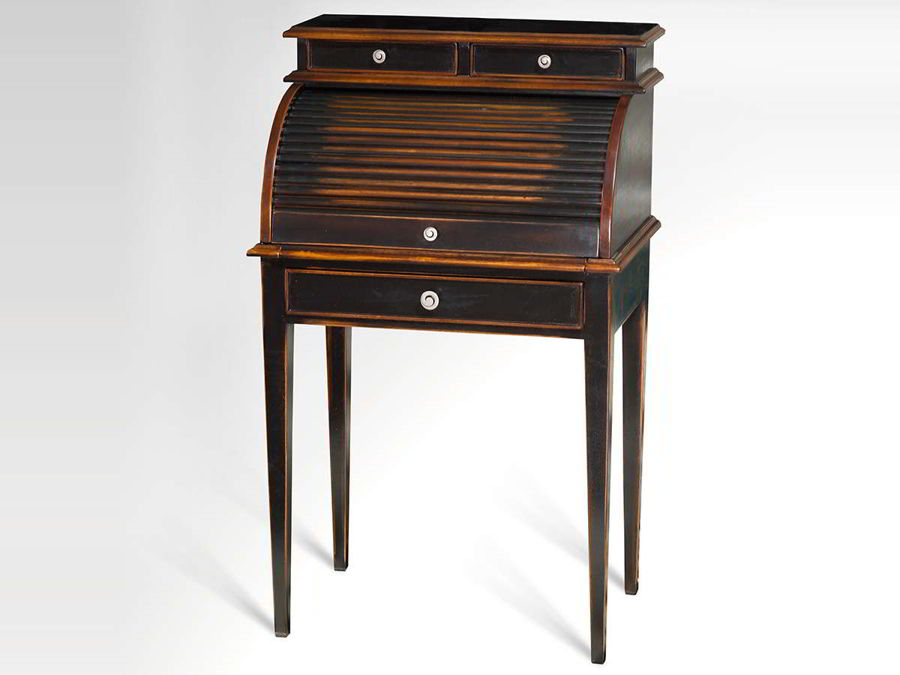The compartments at the desk top is shown when the wooden slats roll slides open. The top leaf pulled to extend the desktop.