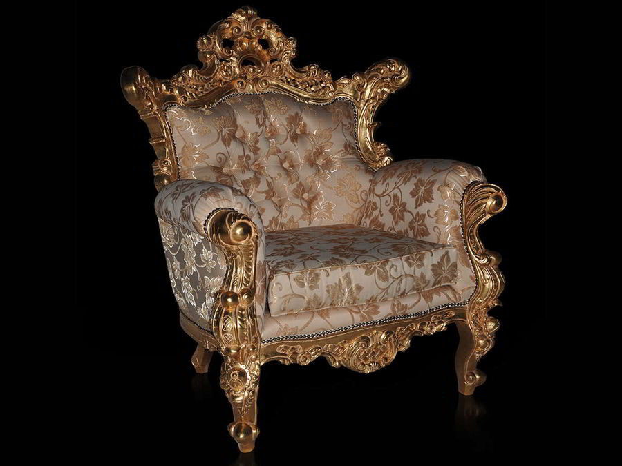 Baroque chair in perspective full view. The seat cushion is removable.