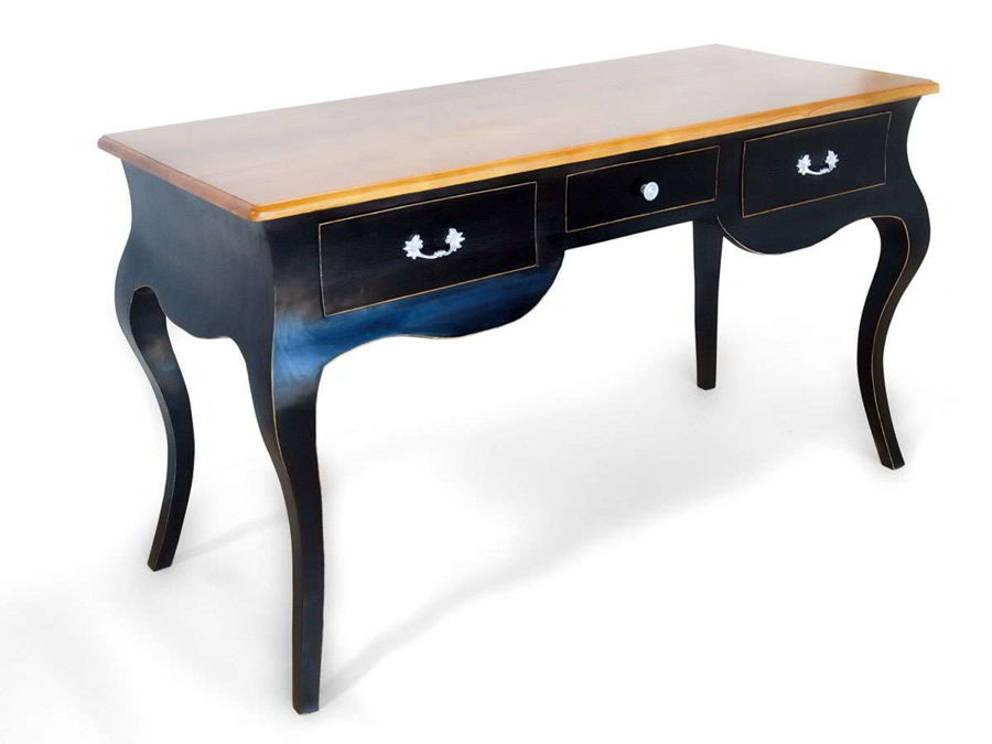 The black wood desk full view, the cabriole legs shape applied to the apron.