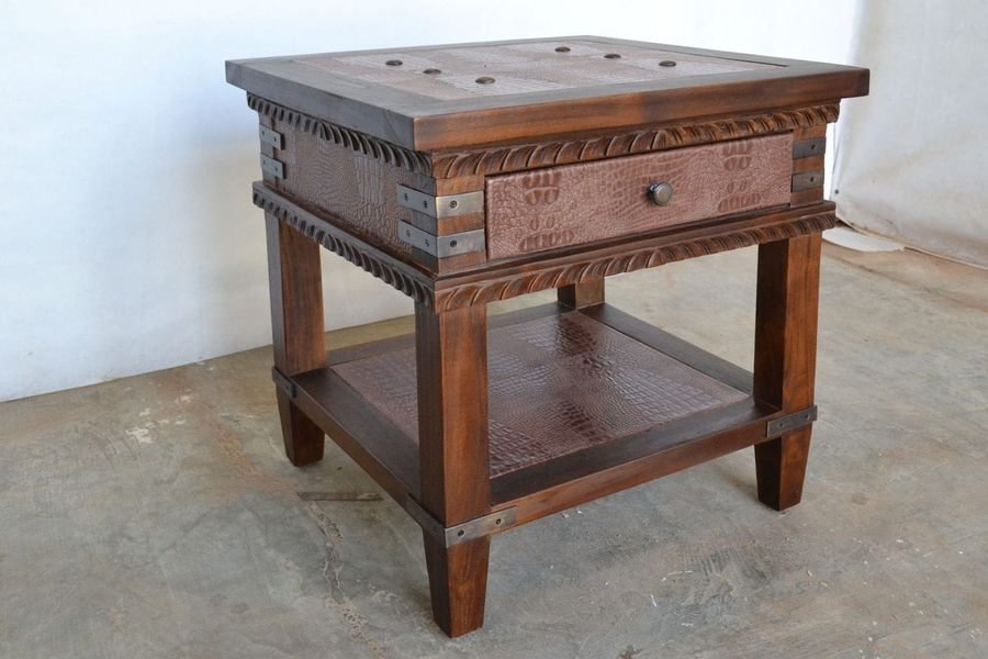 Leather inlay detail on top table