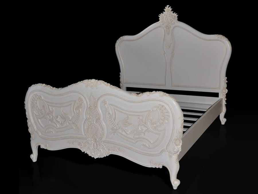 Rococo bed frame full view, wooden slats mattress support shown.