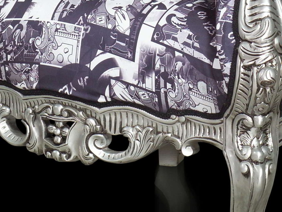 Rococo chair grey fabric, silver leaf gilt finish