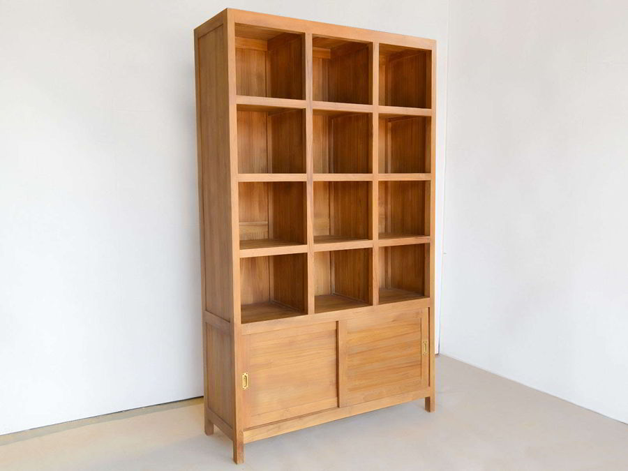 Teak bookshelf sliding doors full view