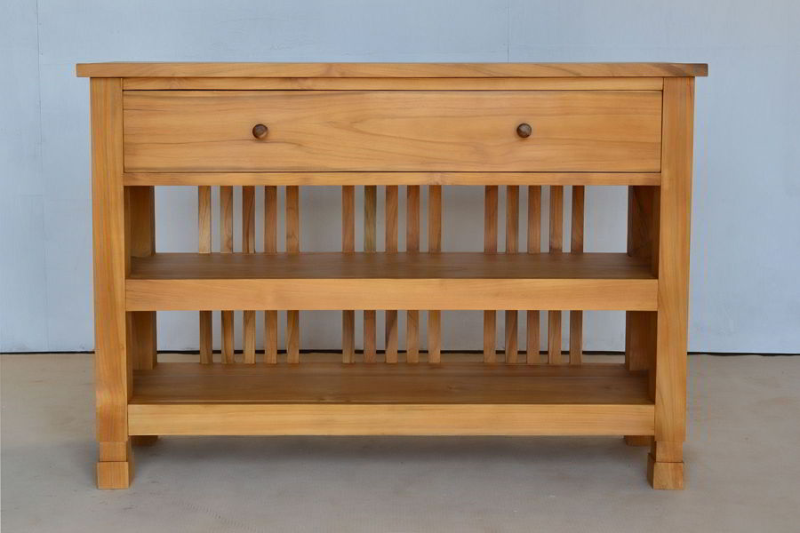 Teak wood console table wooden slats back front view
