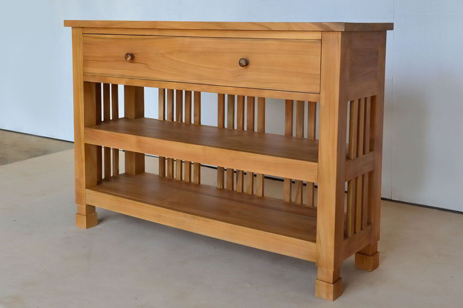 Front right view of the console table, wooden slats eight side