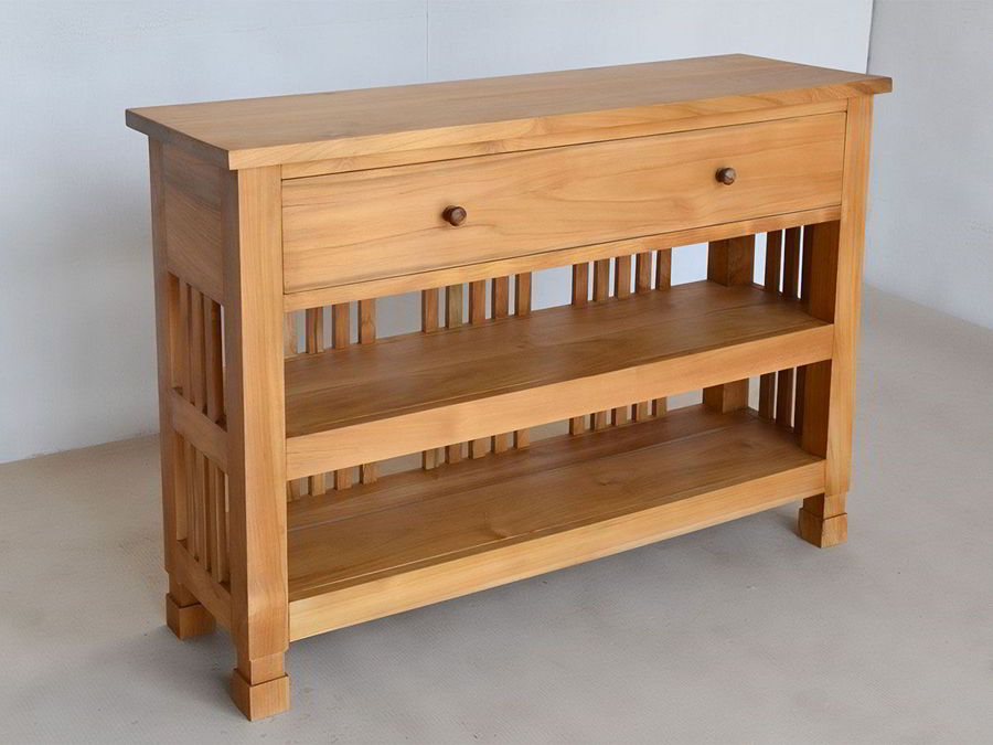 Teak wood console table 1 drawer front left full view