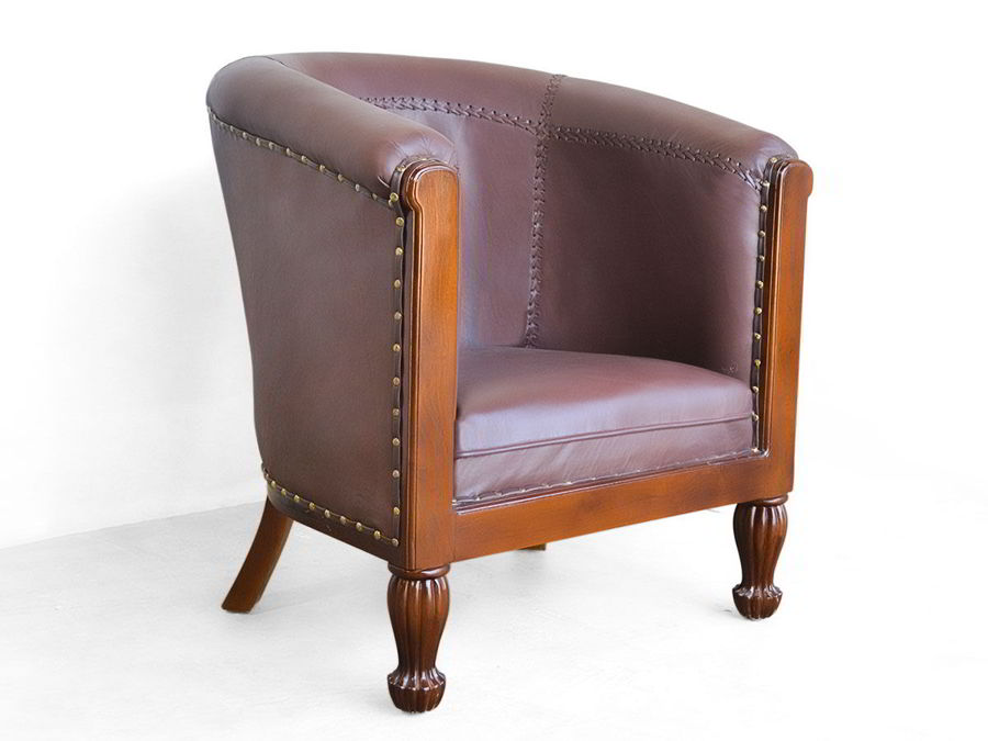 Teak tub chair leather upholstery full view