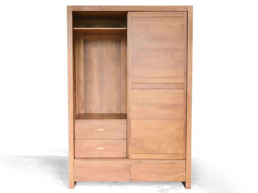 Sliding doors opened, a shelf and a wooden hanger shown